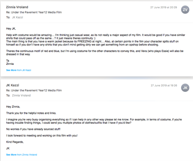  Seen here is my communication with the main actor, JK, as we figured out what he was going to wear.  